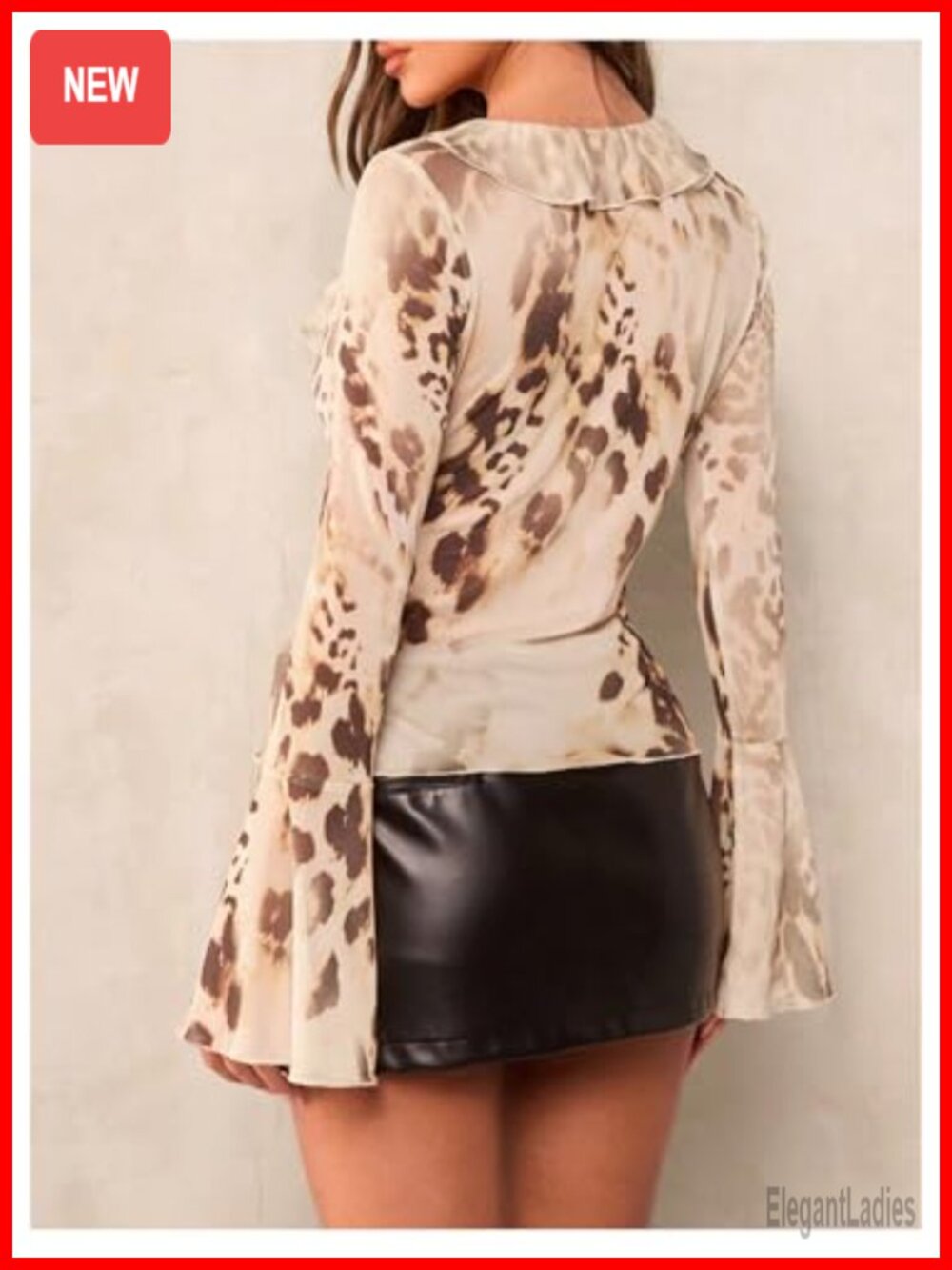 Women's Sheer Mesh Bell Sleeve Ruffle Blouse Asymmetrical Tie Front Top